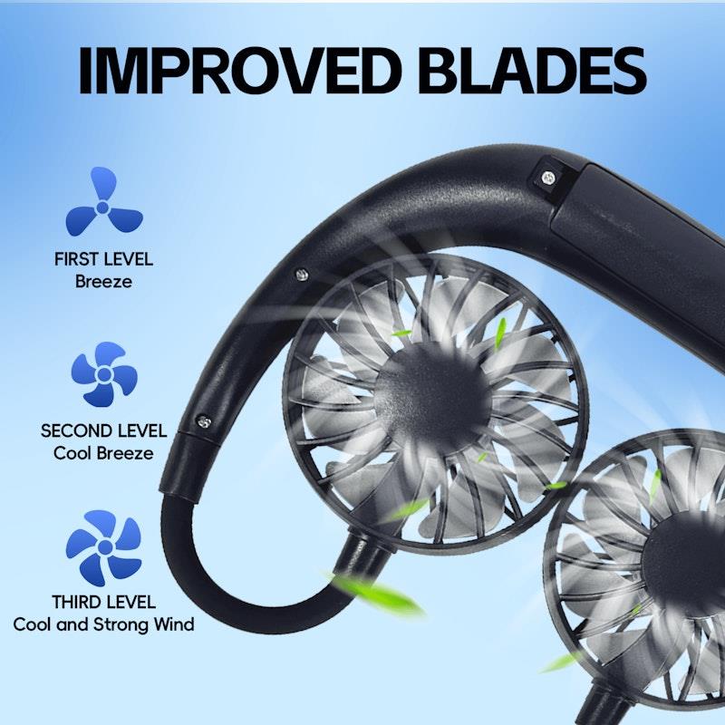 Living Today Sports Rechargeable Neck Fan - Portable 3 Speeds USB Charging (Black)