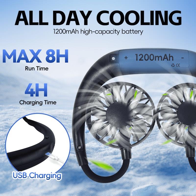 Living Today Sports Rechargeable Neck Fan - Portable 3 Speeds USB Charging (Black)