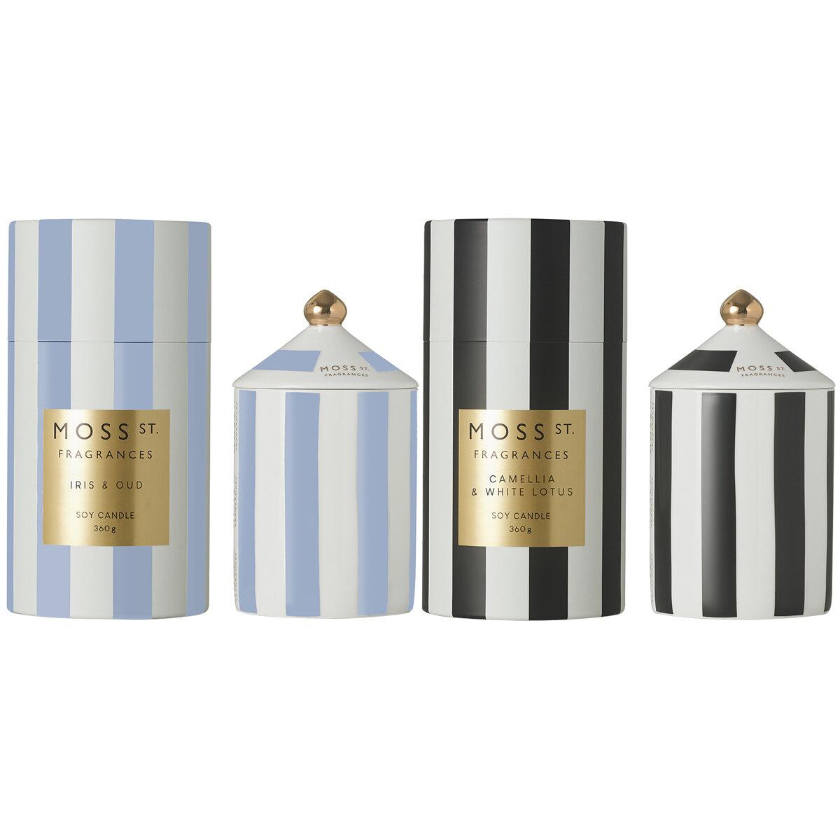 Moss St Ceramic Candles 2 Pack x 360g Camellia and White Lotus And Iris and Oud
