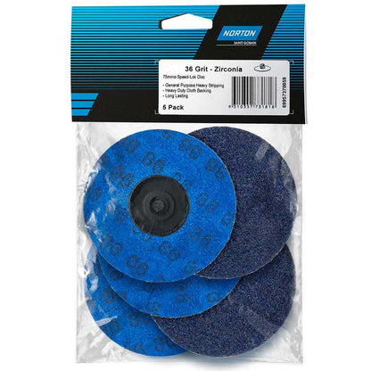 NORTON 75mm 36-Grit Zirconia Quick-Change Sanding Disc - SPEEDLOK - 5 Piece