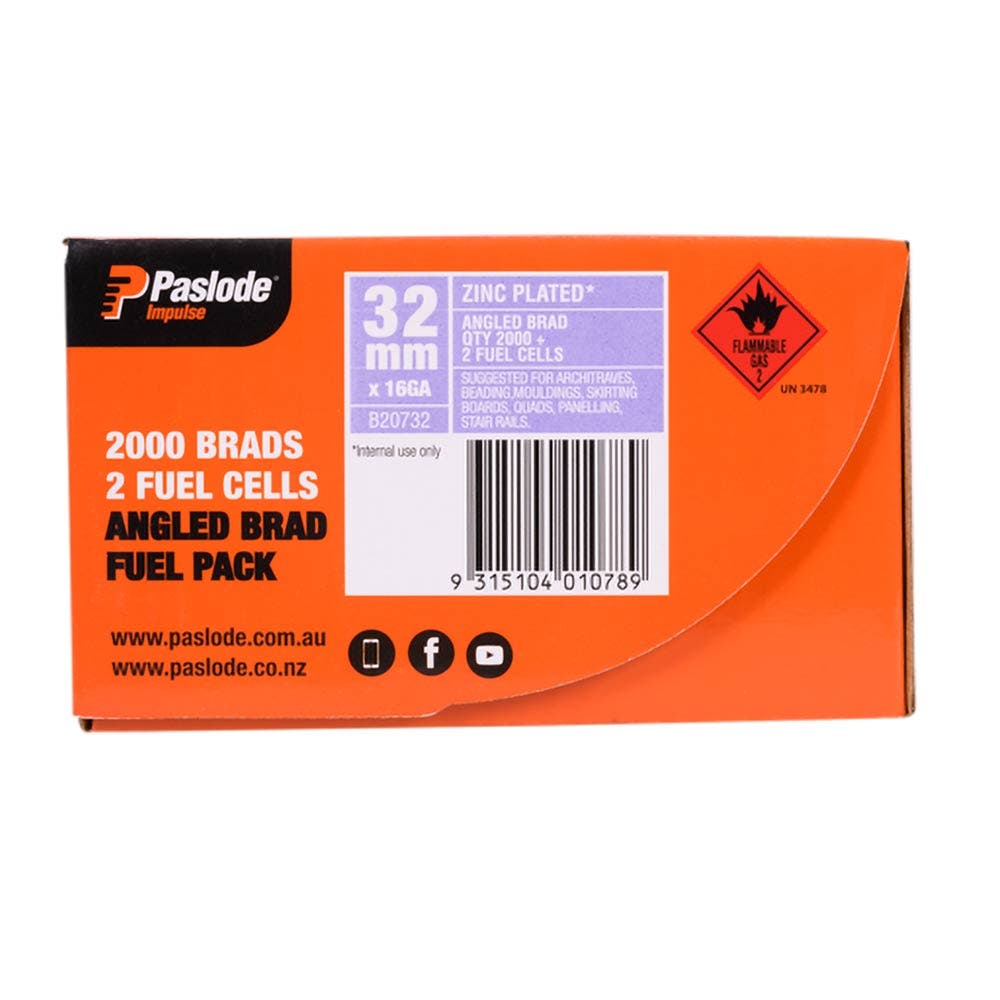 PASLODE 32mm 20 Degree C Brad Nails and 2 Fuel Cells - 2000 Pack B20732