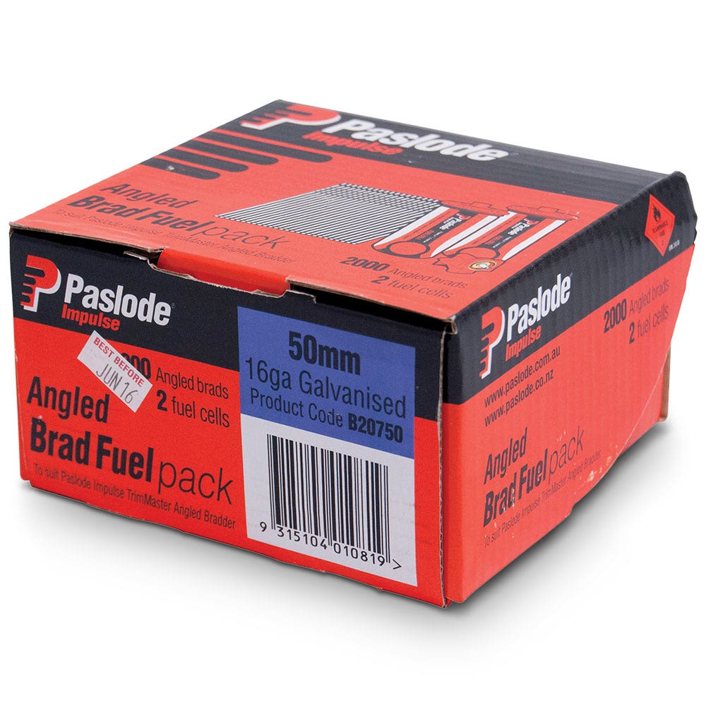 PASLODE 50mm 20 Degree C Brad Nails and 2 x Fuel Cells - 2000 Pack B20750