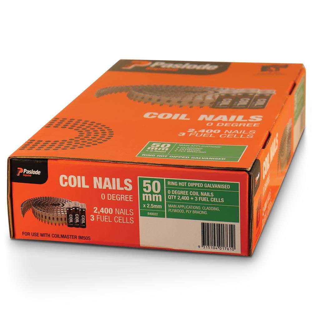 PASLODE 50mm Coil Nails and 3 Fuel Cells - 2400 Pack B40022