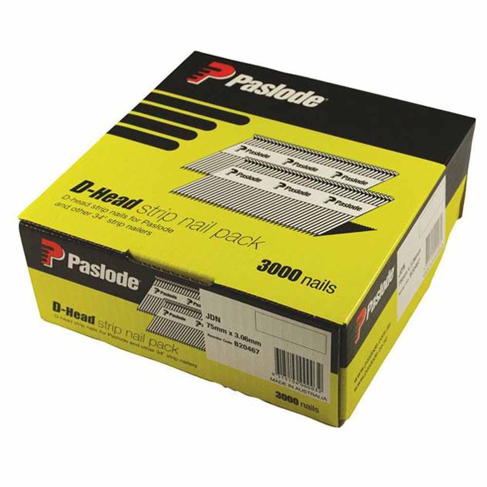 PASLODE 75x3.06mm Pneumatic D-Head Bright Framing Nails - 3000 Pack B20467