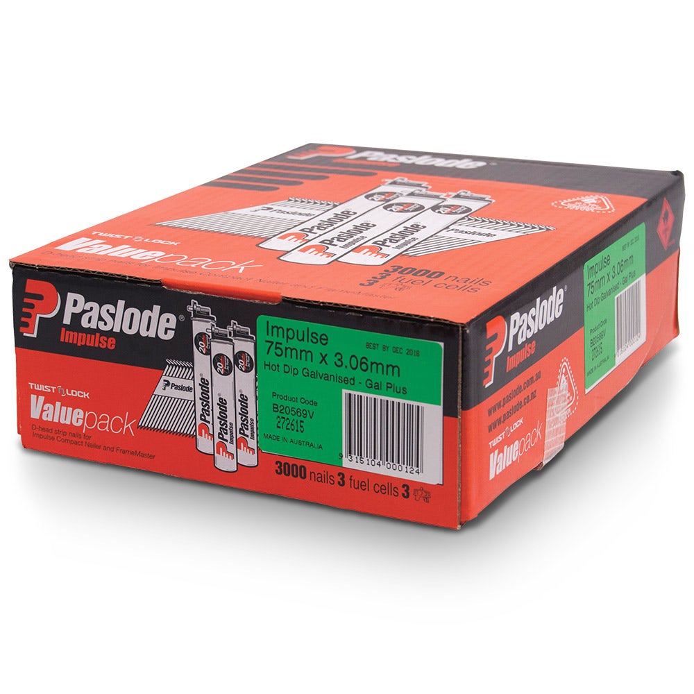 PASLODE Box of 3000 75mm Galvanised Framing Nails and 3 Fuel Cell Pack B20569V