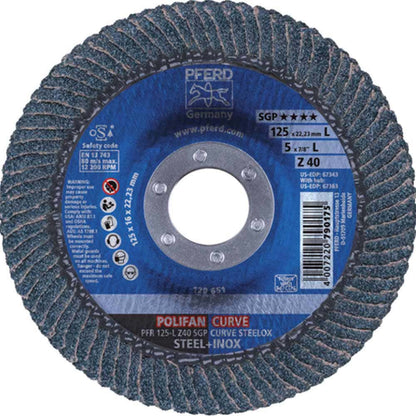 PFERD 125mm 40-Grit Zirconia Curved Flap Disc - POLIFAN STEELOX