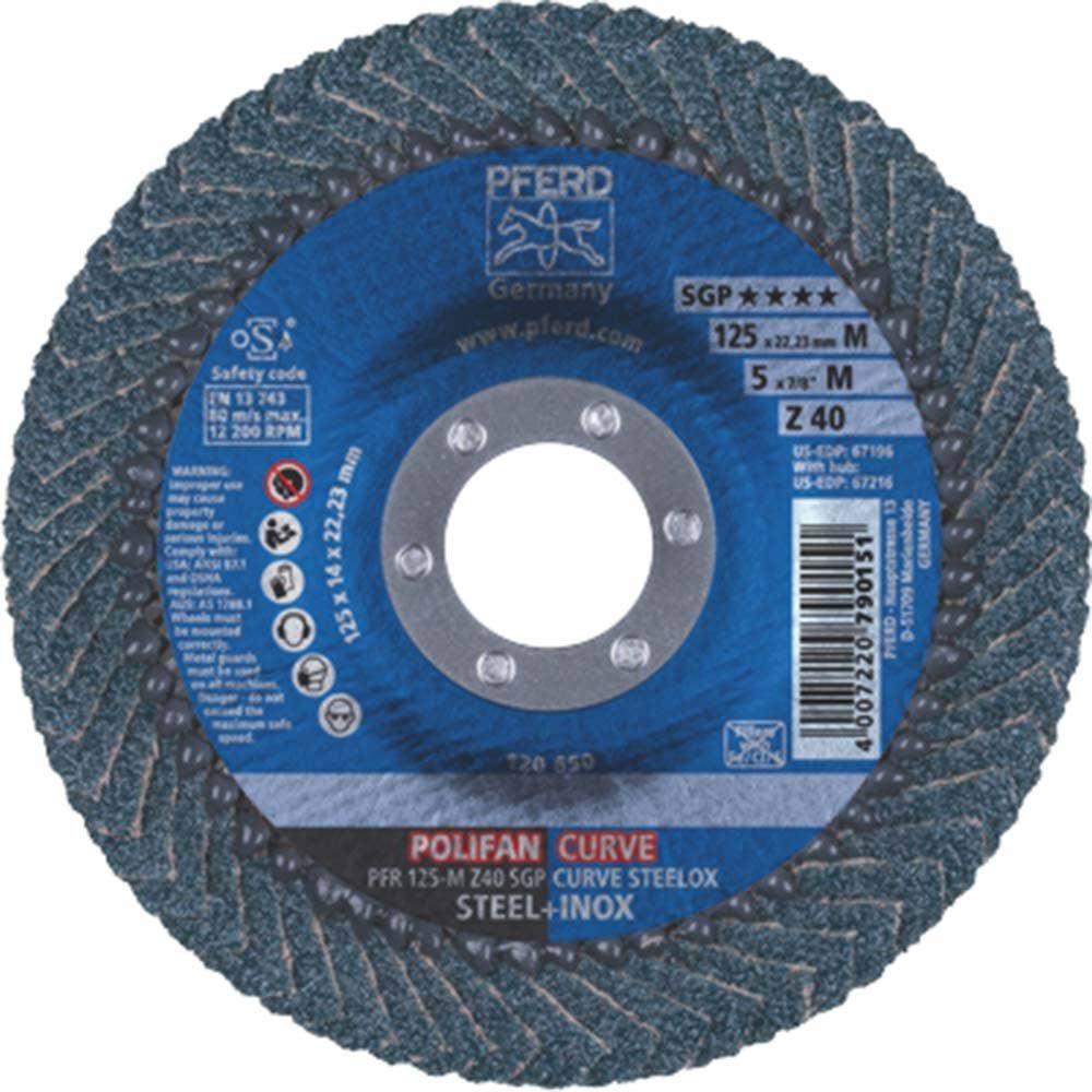 PFERD 125mm 40-Grit Zirconia Curved Flap Disc - POLIFAN CURVE STEELOX