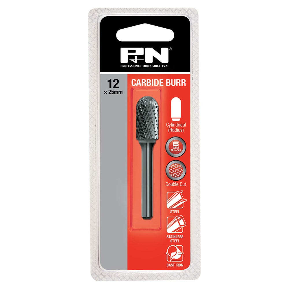 P&N 12x25mm Double Cut 6mm Shank Cylindrical Radius Carbide Burr 918CR12256