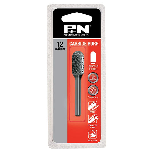 P&N 12x25mm Double Cut 6mm Shank Cylindrical Radius Carbide Burr 918CR12256