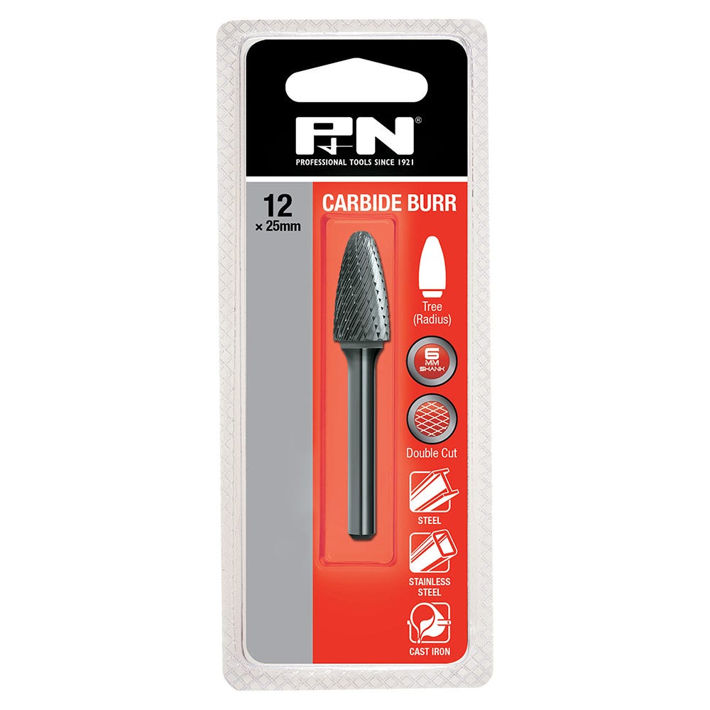 P&N 12x25mm Double Cut 6mm Shank Three Radius Carbide Burr 918TR12256