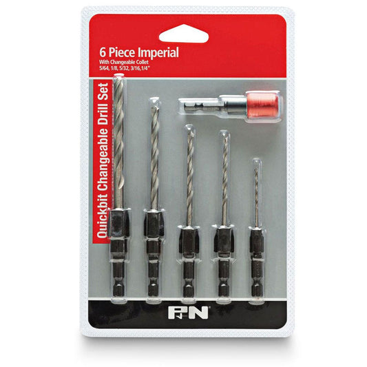 P&N QUICKBITS 5 64-1 4inch Imperial HSS Jobber Drill Bit and 1 4-Hex Quick-Change Adaptor Set - 6 Piece