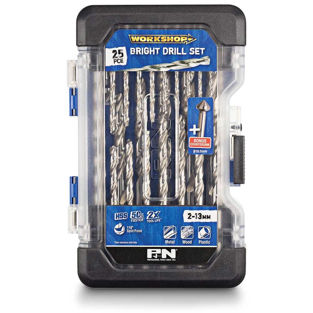 P&N WORKSHOP 2-13mm Metric HSS-Bright Jobber Drill Bit Set - 25 Piece + BONUS Countersink