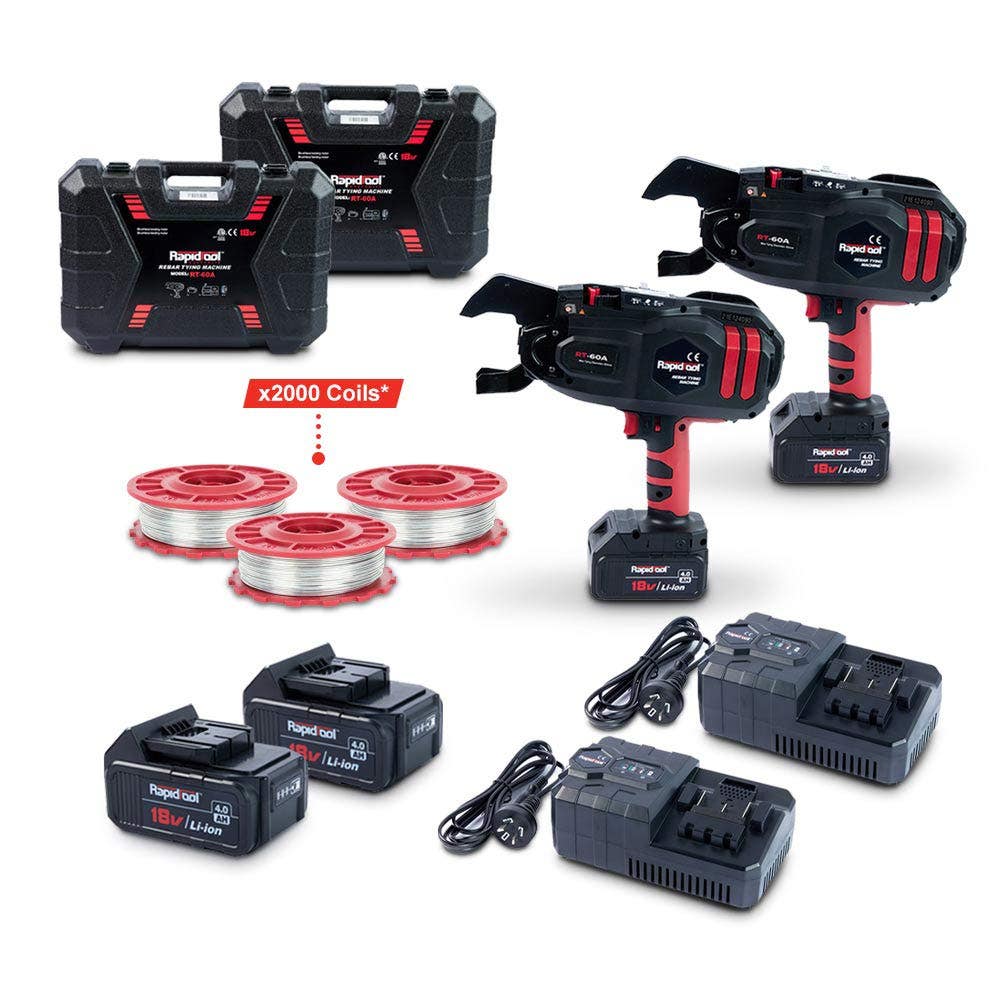 RAPIDTOOL 18V 4 x 4.0AH 2 x RT-60A Rebar Tying Tool Kit w 2000 Coils TWG-2000D