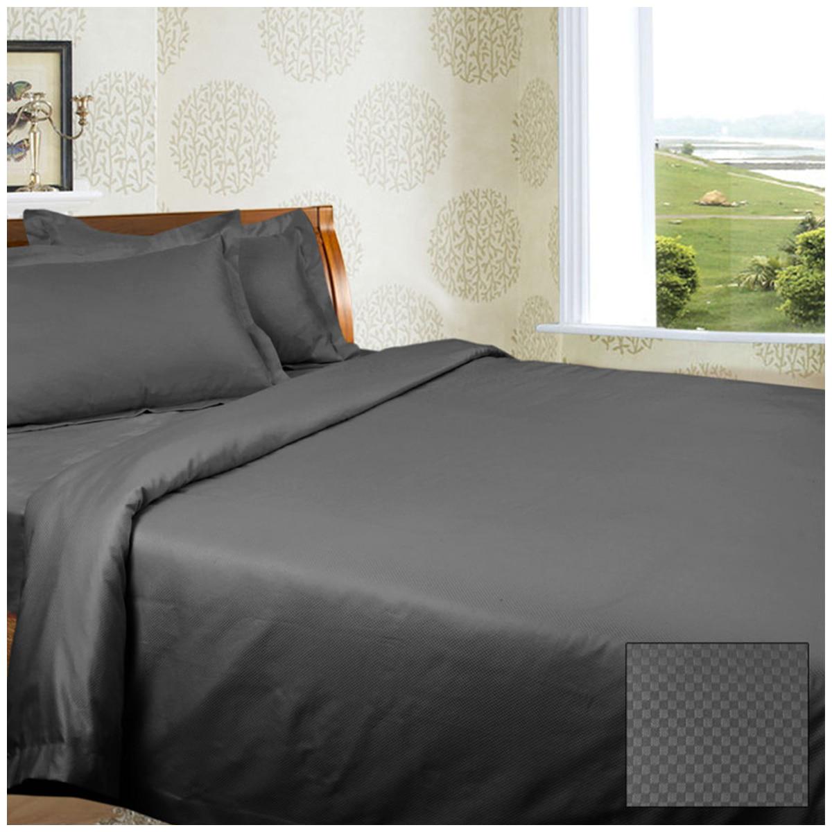 Ramesses 1350 Thread Count Diamond Check Cotton Sateen King Sheet Set Charcoal