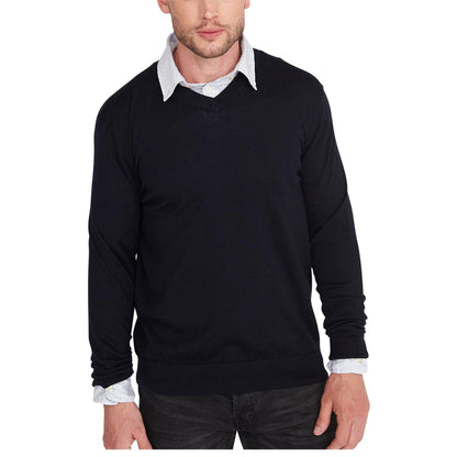 Rough Dress Men's V-Neck Merino Wool Blend Sweater Black and Navy