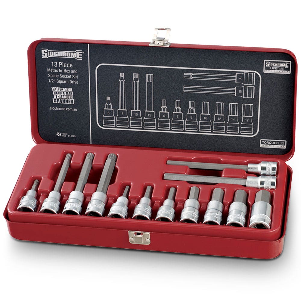 SIDCHROME 13 Piece Metric 1 2inch Drive In-Hex and Spline Socket Set