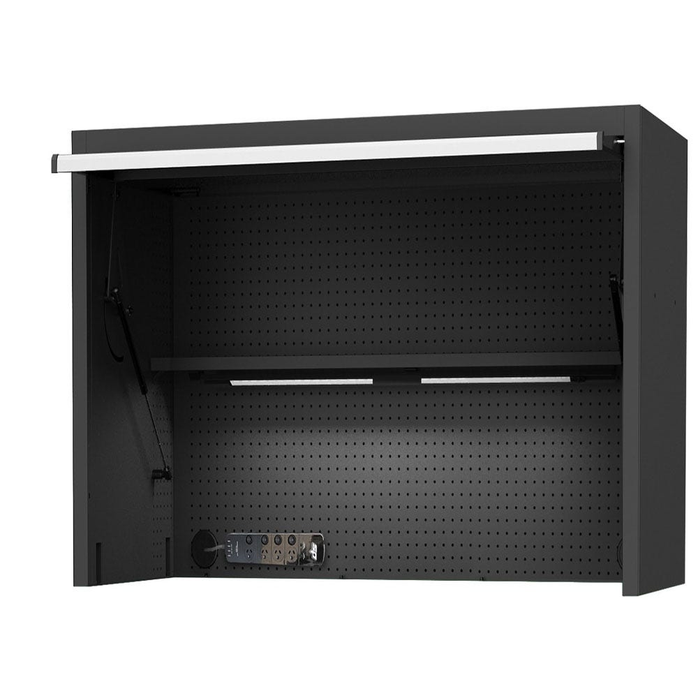 SP TOOLS 59inch USA Sumo Series Wide Power Top Hutch - Shelf, Pegboard, Light - Black Chrome SP44730