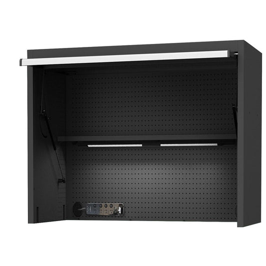 SP TOOLS 59inch USA Sumo Series Wide Power Top Hutch - Shelf, Pegboard, Light - Black Chrome SP44730