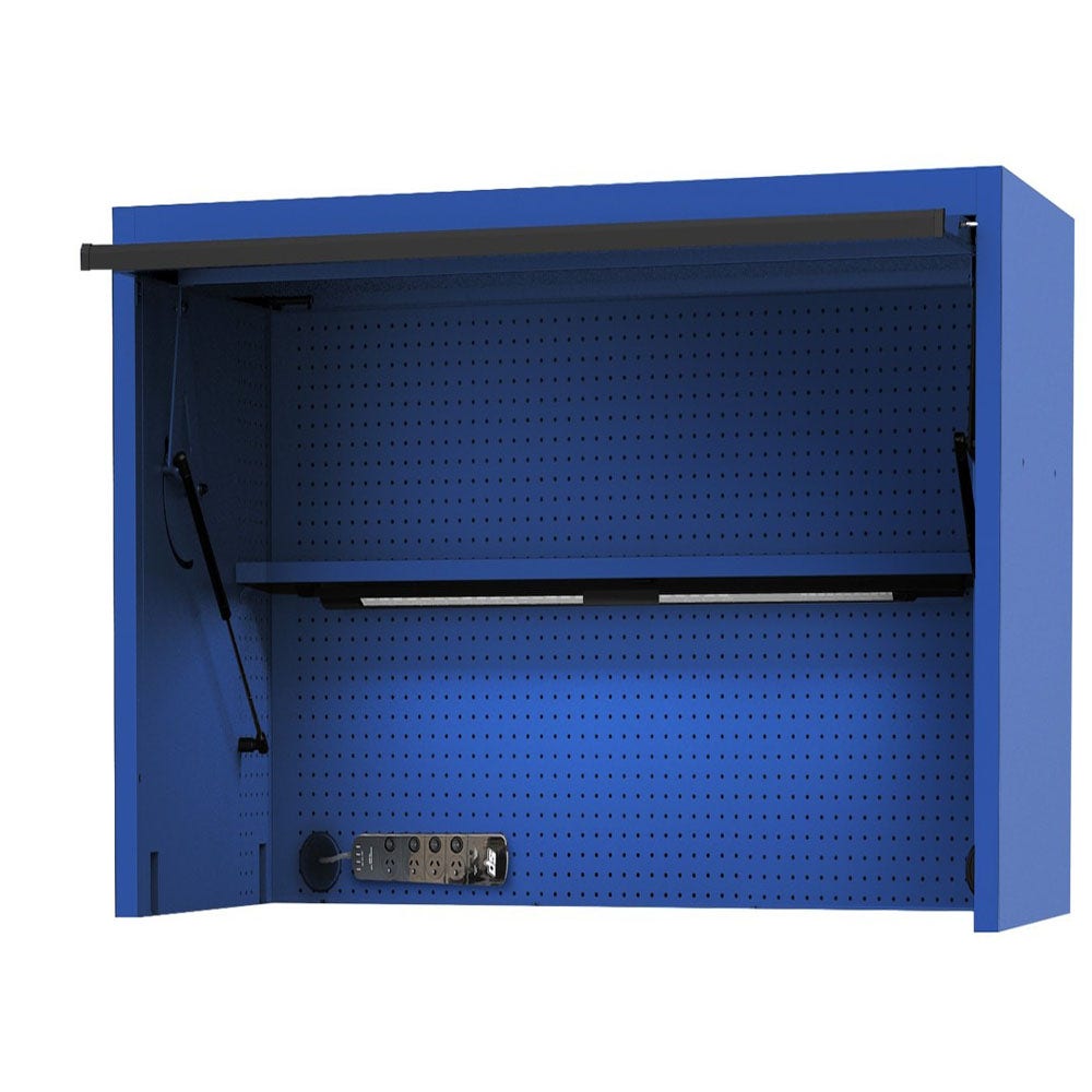 SP TOOLS 59inch USA Sumo Series Wide Power Top Hutch - Shelf, Pegboard, Light - Blue Black SP44730BL