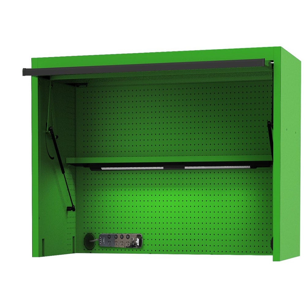 SP TOOLS 59inch USA Sumo Series Wide Power Top Hutch - Shelf, Pegboard, Light - Green Black SP44730G