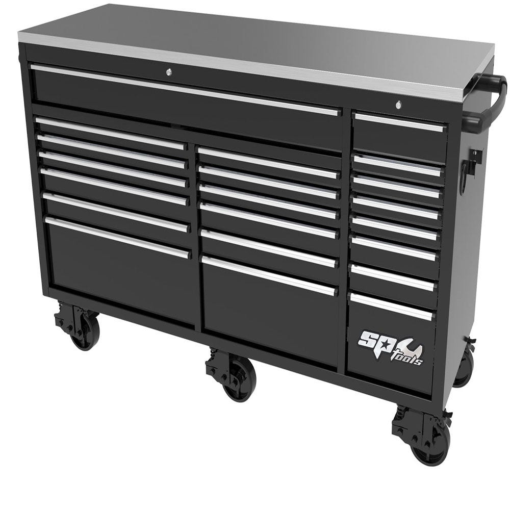 SP TOOLS 73inch USA Sumo Series Wide Roller Cabinet - 21 Drawer - Black Chrome SP44825