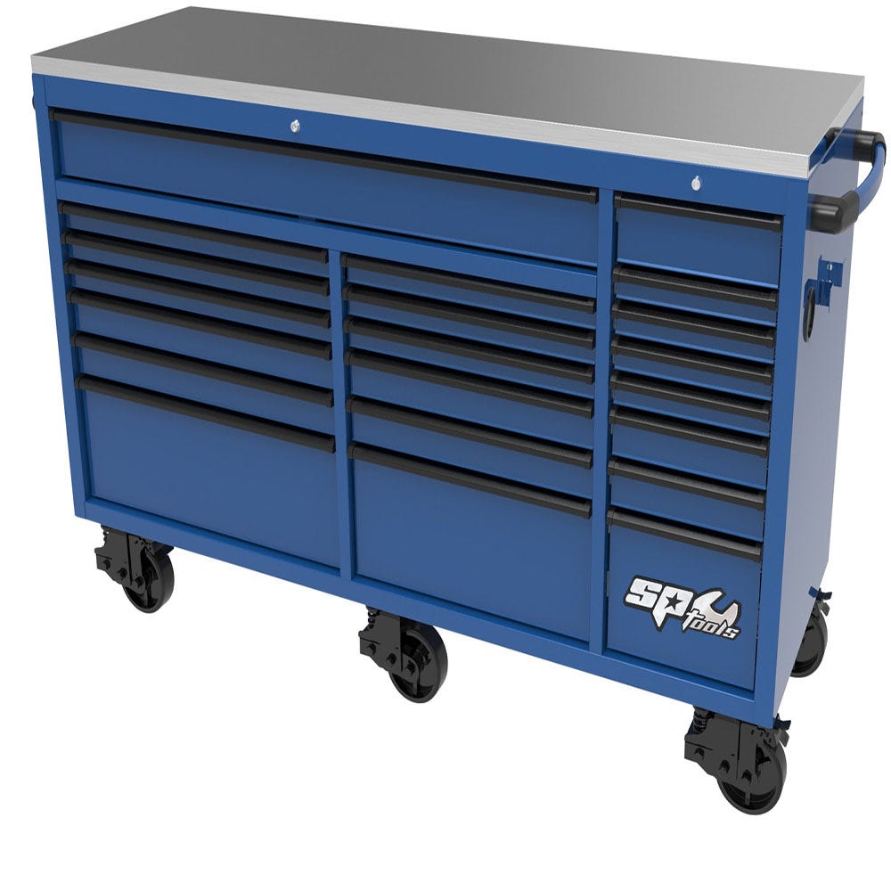 SP TOOLS 73inch USA Sumo Series Wide Roller Cabinet - 21 Drawer - Blue Black SP44825BL