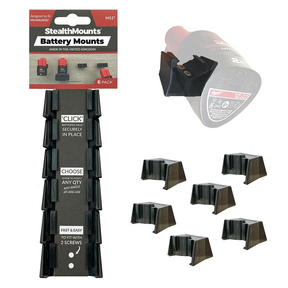 STEALTHMOUNTS 6 Piece Mount Holder for Milwaukee M12 Battery Black BM-MW12-BLK-6