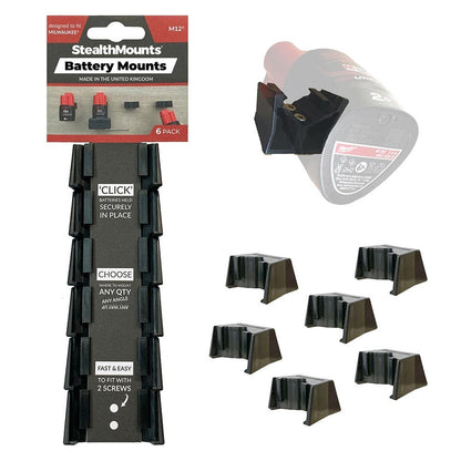 STEALTHMOUNTS 6 Piece Mount Holder for Milwaukee M12 Battery Black BM-MW12-BLK-6