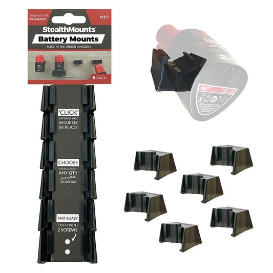 STEALTHMOUNTS 6 Piece Mount Holder for Milwaukee M12 Battery Black BM-MW12-BLK-6