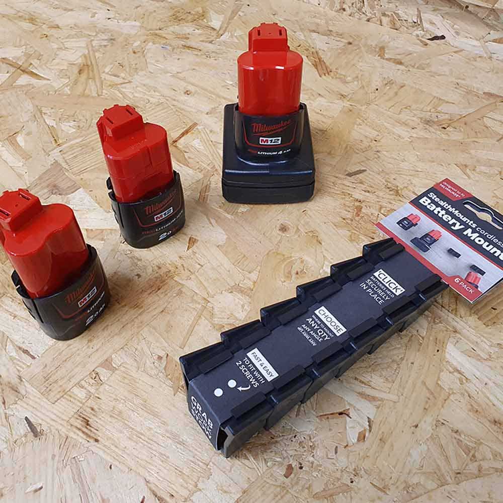 STEALTHMOUNTS 6 Piece Mount Holder for Milwaukee M12 Battery Black BM-MW12-BLK-6