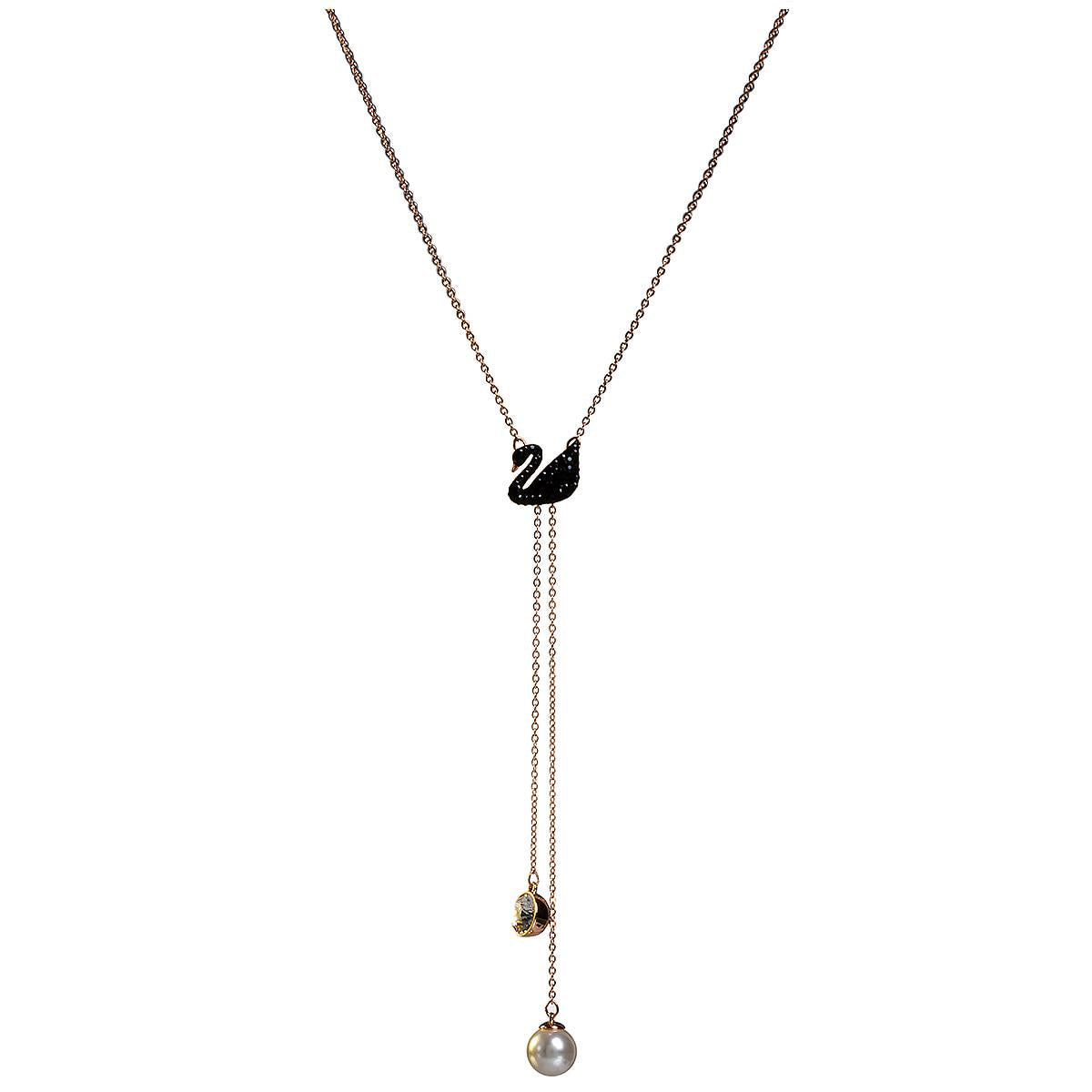 Swarovski Iconic Swan Y Necklace Black and Rose Gold Tone Plated