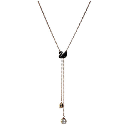 Swarovski Iconic Swan Y Necklace Black and Rose Gold Tone Plated