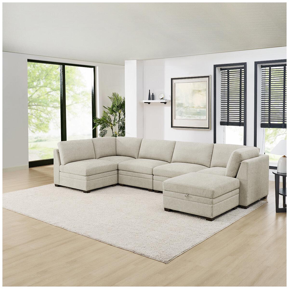 Thomasville 6 Piece Fabric Modular Sectional With Storage Ottoman