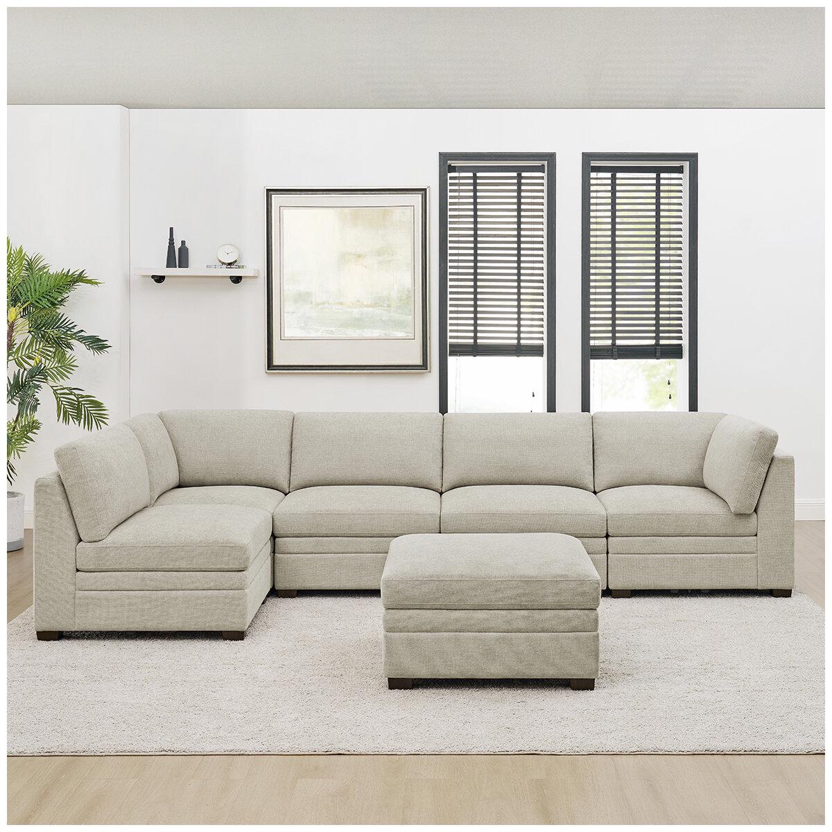 Thomasville 6 Piece Fabric Modular Sectional With Storage Ottoman