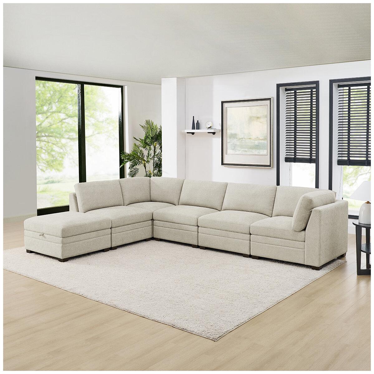 Thomasville 6 Piece Fabric Modular Sectional With Storage Ottoman