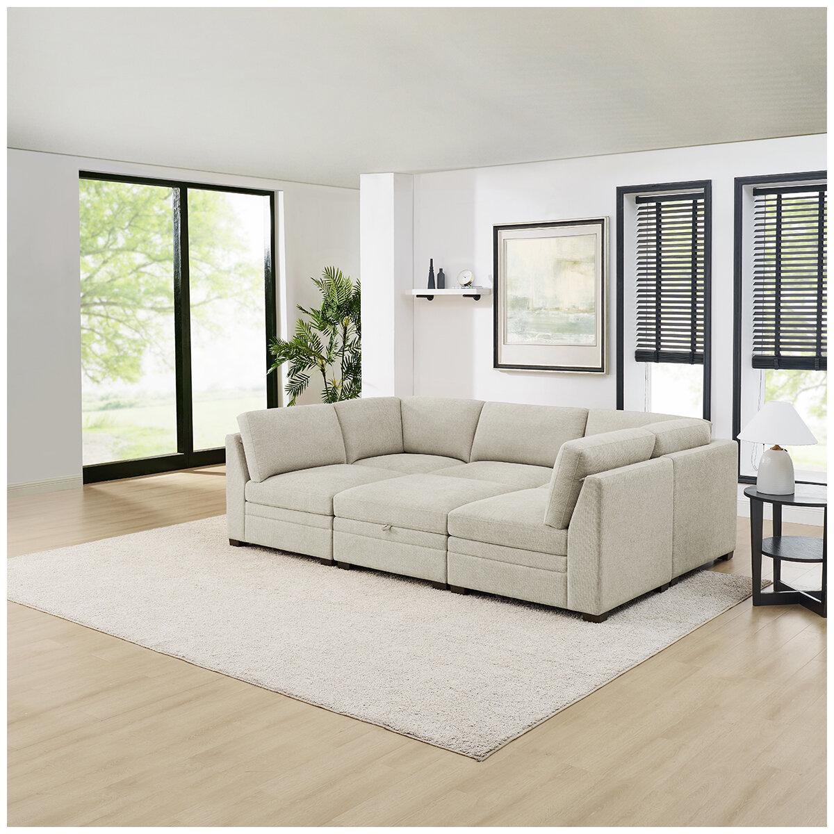 Thomasville 6 Piece Fabric Modular Sectional With Storage Ottoman