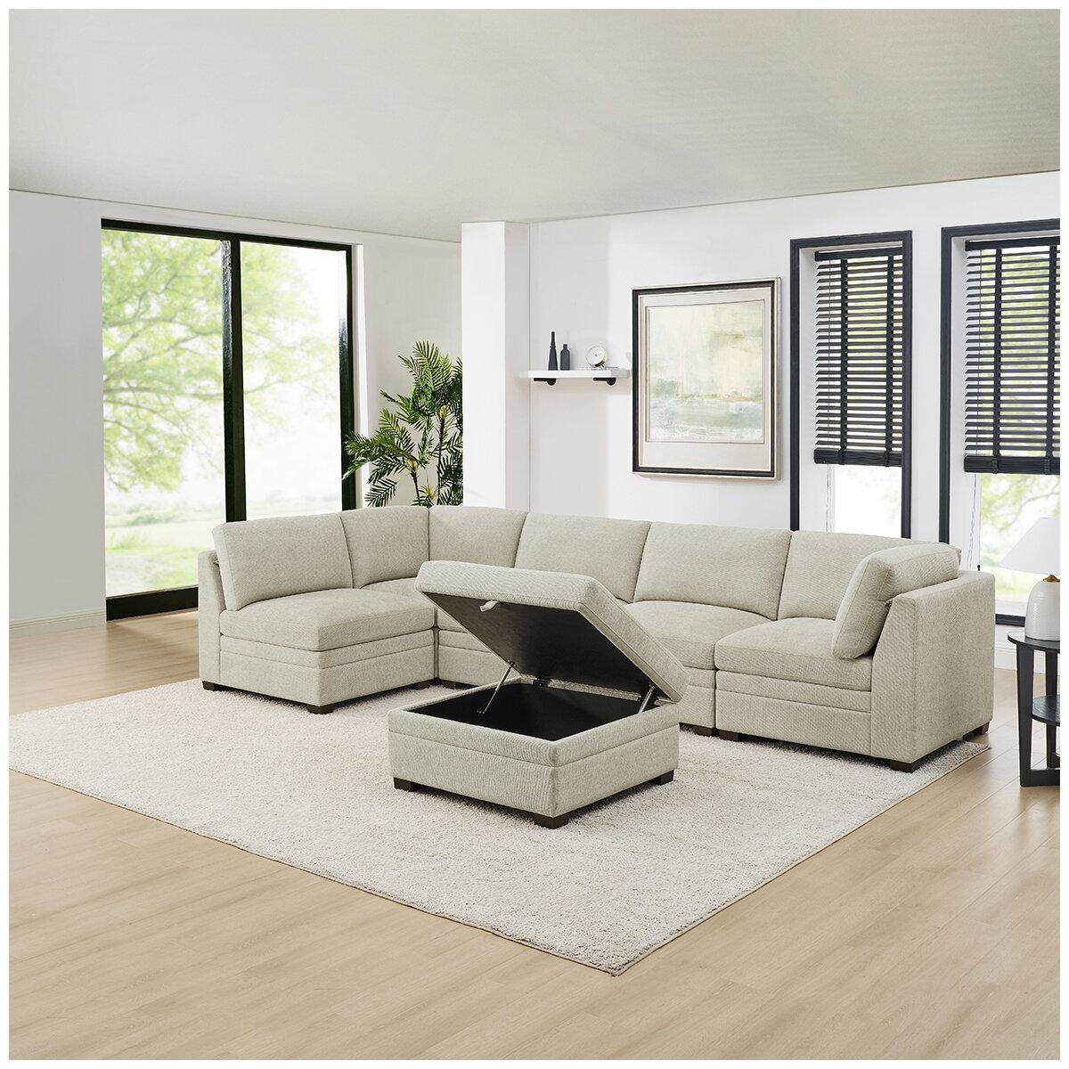 Thomasville 6 Piece Fabric Modular Sectional With Storage Ottoman