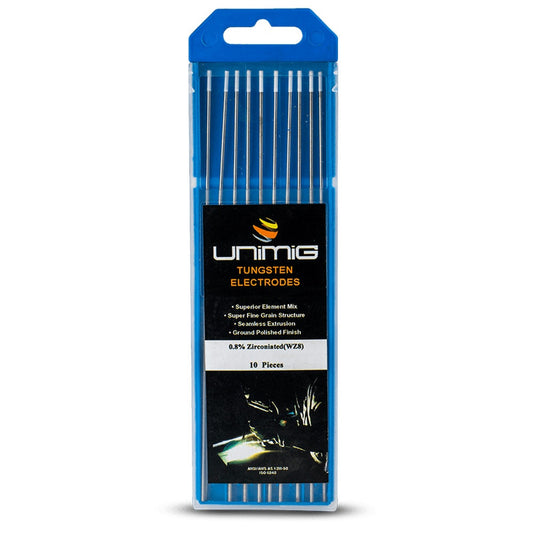 UNIMIG 2.4mm WZ8 0.8 Percent Zirconiated Tungsten Electrodes - 10 Pack PTR0006-24