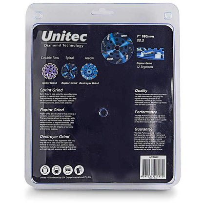 UNITEC 180mm 12-Segment Spiral Diamond Grinding Cup - RAPTOR U-7RG12
