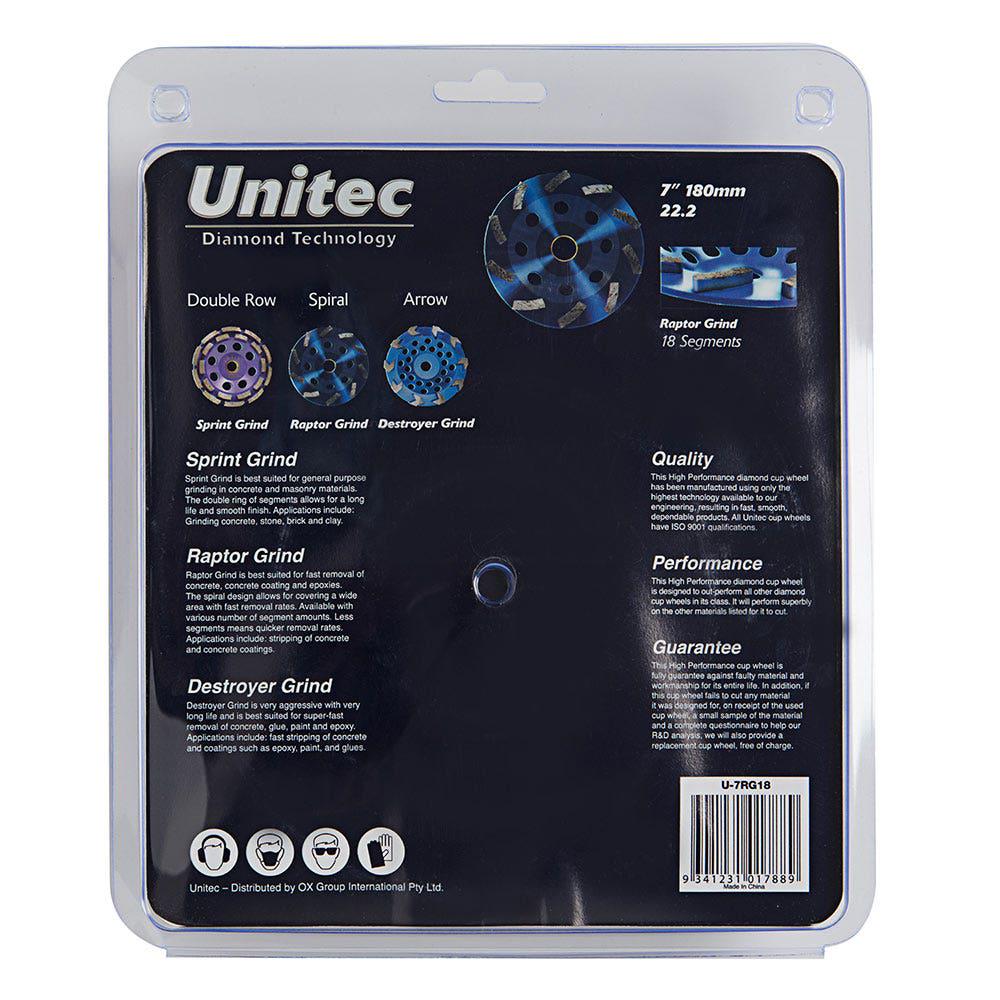 UNITEC 180mm 18-Segment Spiral Diamond Grinding Cup - RAPTOR U-7RG18