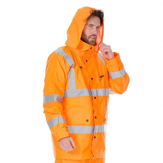 WORKIT Hi Vis 2 Tone Waterproof X-Back Rail Taped Rain Jacket Orange 3005XOXS