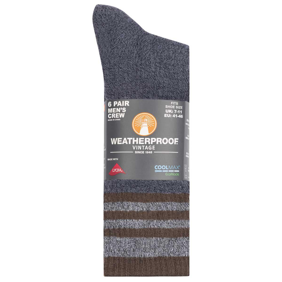 Weatherproof Men's Vintage Coolmax Crew Socks 6 Pack Blue And Brown
