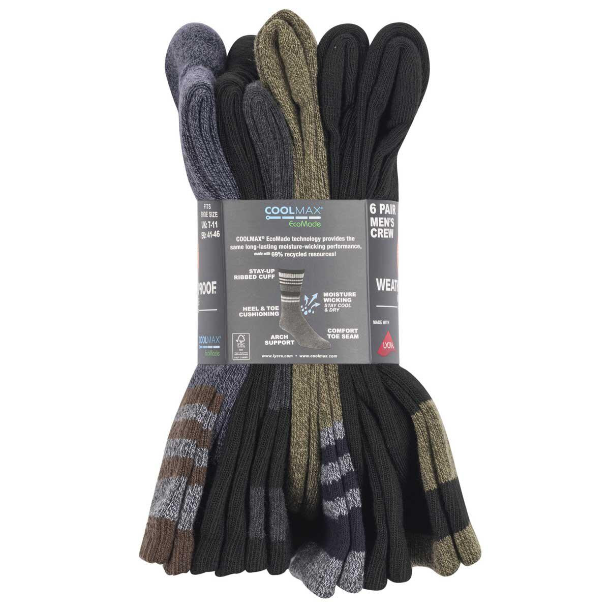 Weatherproof Men's Vintage Coolmax Crew Socks 6 Pack Blue And Brown