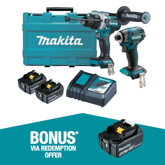 Makita 18V 2 Piece Combo Kit - Hammer Drill & Impact Driver - 2 x 5.0Ah Batteries