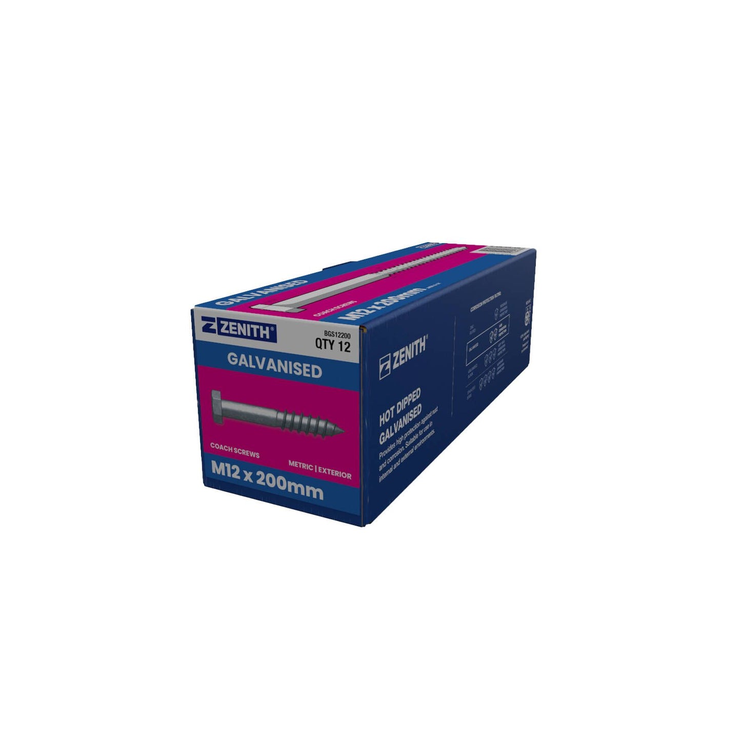 Zenith Hex Head Coach Screws - M12 x 200mm - Hot Dipped Galvanised