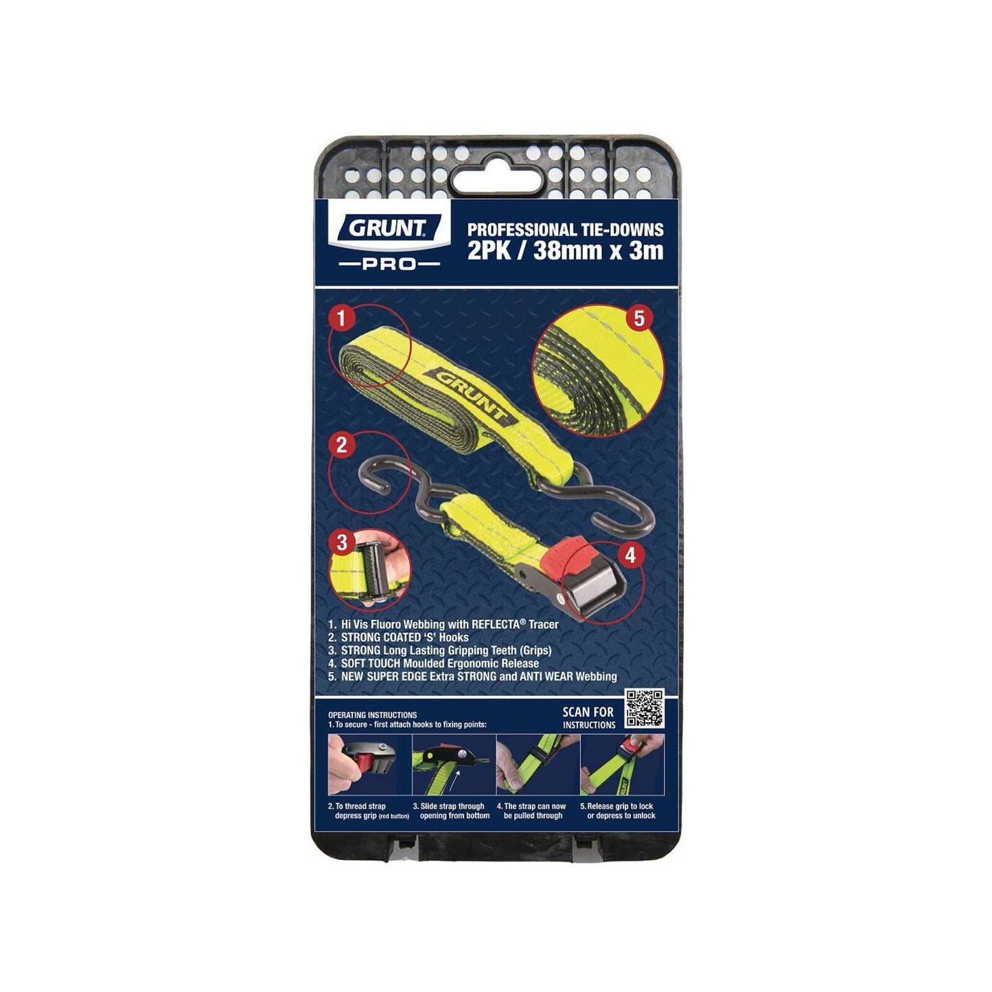 Grunt Pro Cam Buckle Tie Downs - 38mm x 3m - 340kg