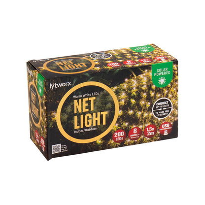 Lytworx Warm White Solar USB Connectable Net Lights - 1.5 x 2m - 200 LEDs