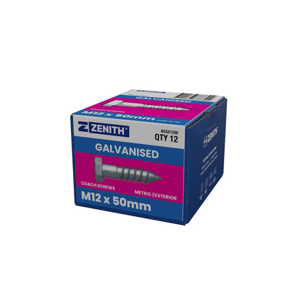 Zenith Hex Head Coach Screws - M12 x 50mm - Hot Dip Galvanised - 12 Pack