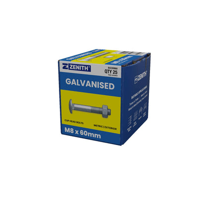 Zenith M8 x 60mm - Hot Dip Galvanised Cup Head Bolts & Nuts - 25 Pack
