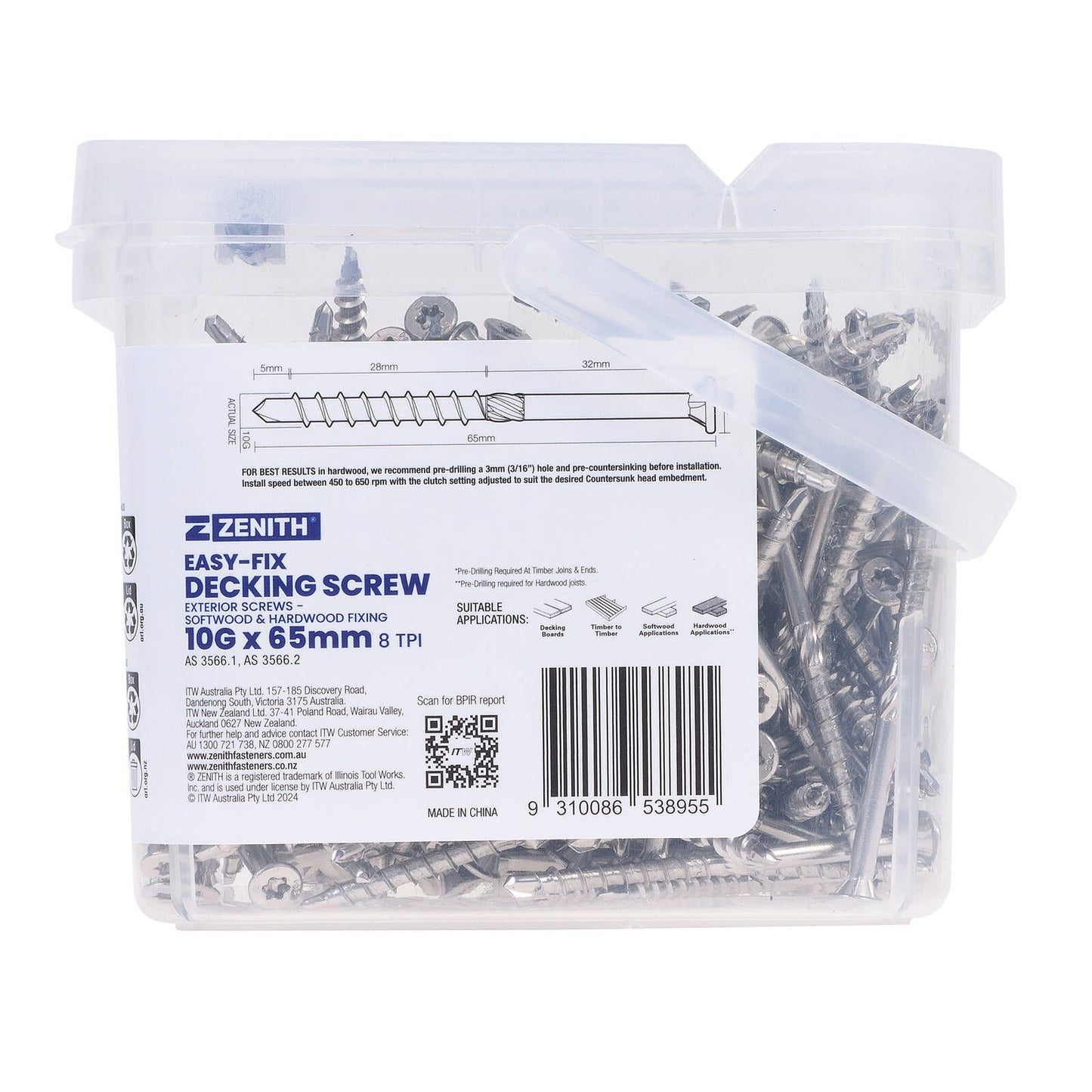Zenith Easy Fix Decking Screw - T20 10g x 65mm SS304 - 250 Pack